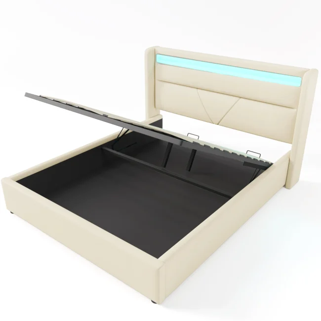 Hydraulisch opklapbaar gestoffeerd bedframe met LED-verlichting, 160x200 cm, wit