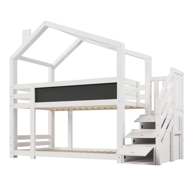 Modenvie Kinderhoogslaper 90x200 cm met opbergruimte, schoolbord en veiligheidsrails, wit grenenhout