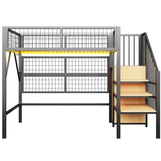 Metalen hoogslaper 90x200 cm met opbergruimte, trap en app-gestuurde LED-verlichting, zwart