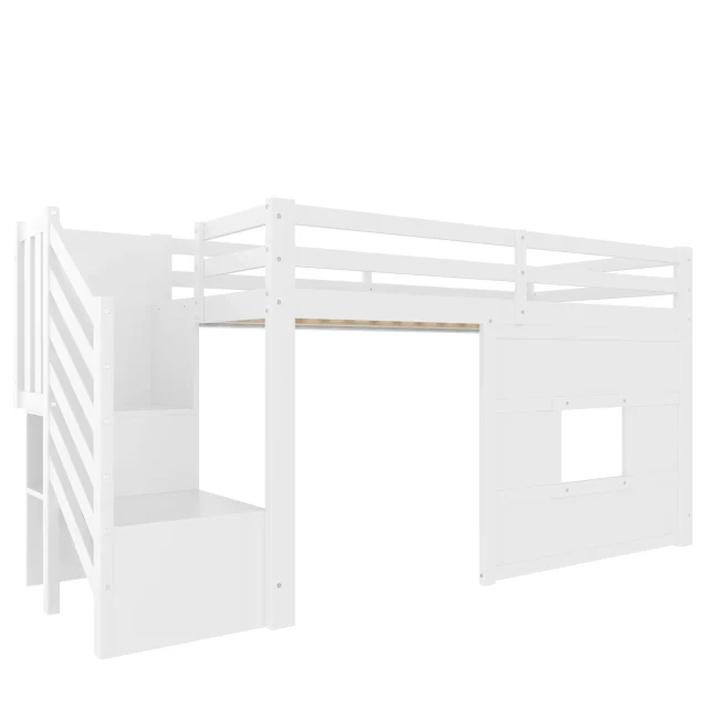 Wit 90x200 cm hoogslaper met opbergtrap en raam, frame van grenenhout