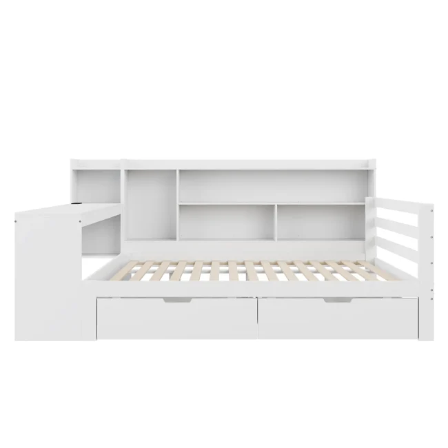 Multifunctionele massief houten slaapbank 140x200 cm met bureau, planken, USB-aansluiting en grote opbergladen, wit