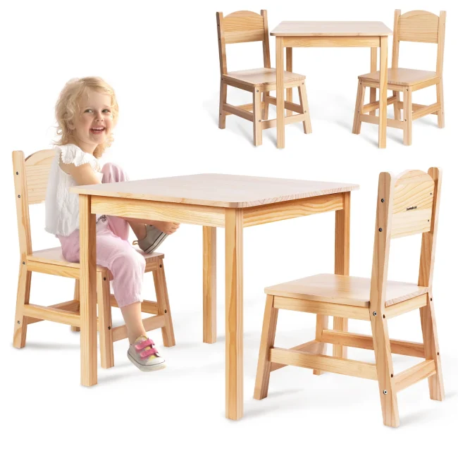 Mamabrum houten tafel en 2 stoelenset voor kinderen, plezier, leer- en eethoek, houten kindermeubilair, Montessori, 3+, ergonomisch, stabiel, natuurlijk grenenhout, kinderkamer, kleuterschool
