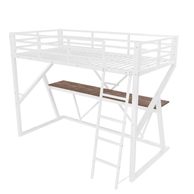 Kinderhoogslaper 90x200cm met metalen frame, LED-verlichting, bureau, vangrail en ladder, wit, matras niet inbegrepen