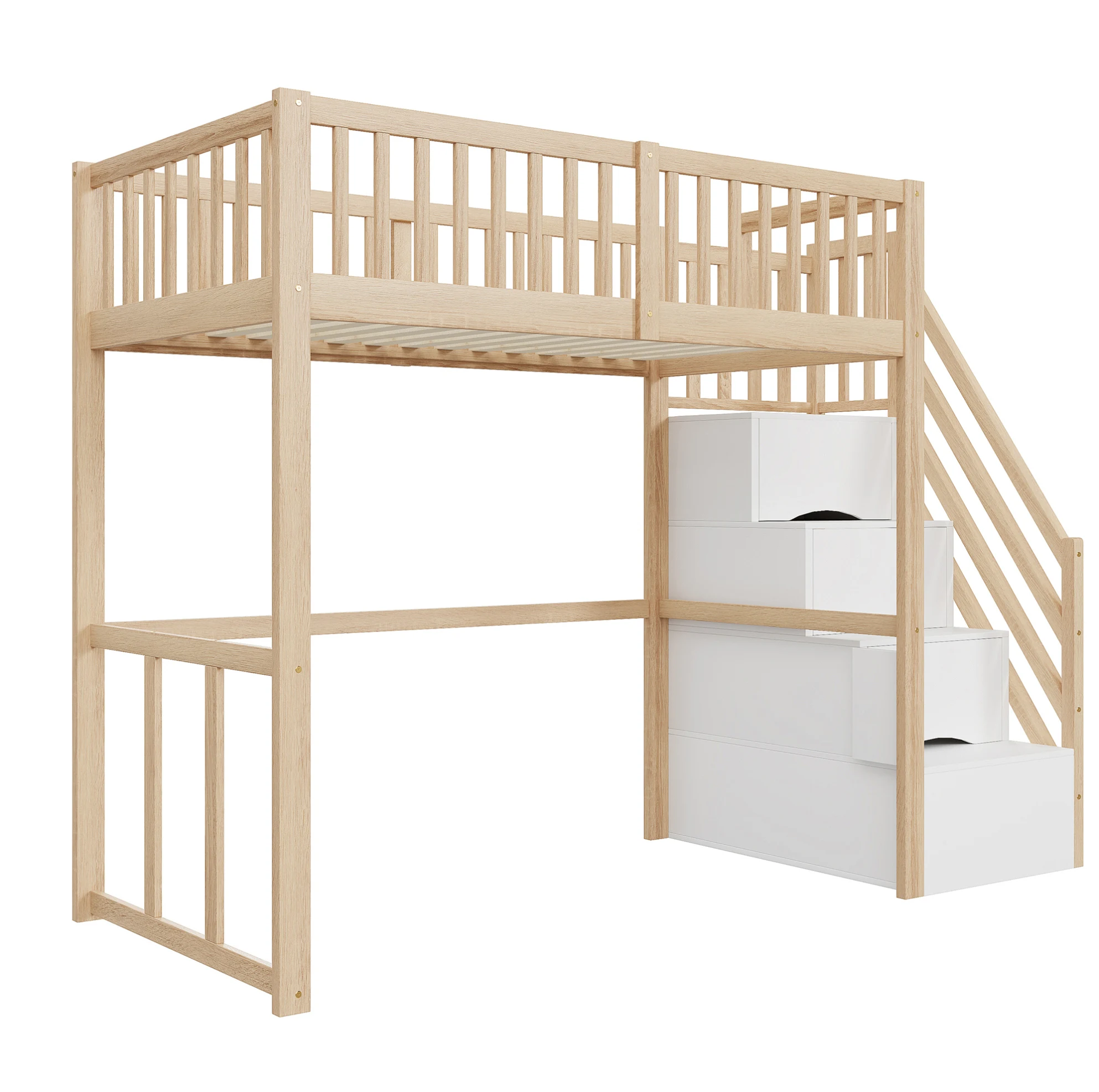 Kinderhoogslaper 90x200 cm met veilige opbergruimte en trap, massief grenen frame in wit en naturel hout