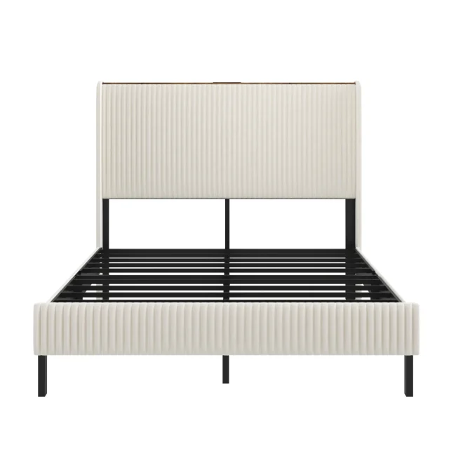 Gestoffeerd platformbedframe van 180x200 cm met hoofdeinde van koordstof en metalen latten.