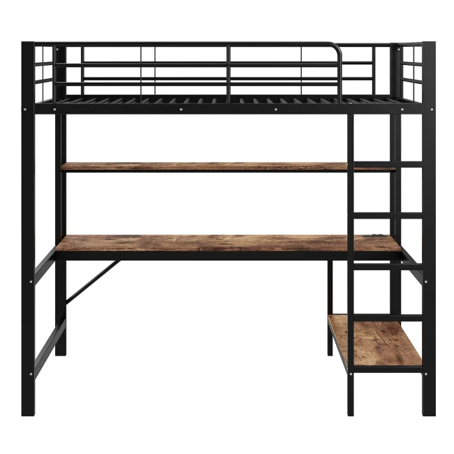 Zwart metalen hoogslaper 90x200 cm met leuningen, ladder, USB- en stopcontacten, LED-sfeerverlichting, bureau en meerlaagse planken, zonder matras