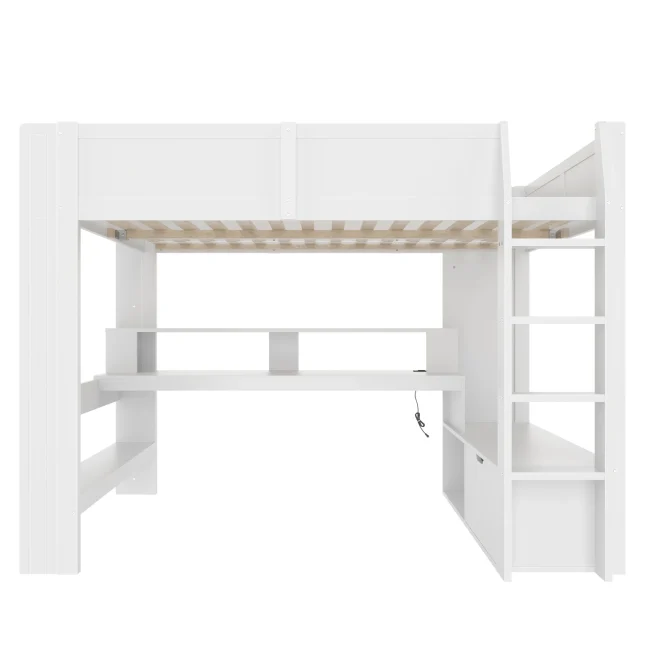 Wit 140x200 cm hoogslaper met bureau, planken, lade en 16-kleurige LED-verlichting, frame van grenenhout, zonder matras