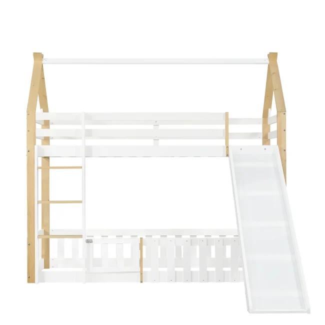 Kinderhoogslaper met glijbaan, wit en natuurlijk grenen & MDF, 90x200cm, speel- en opbergruimte met veiligheidshekje