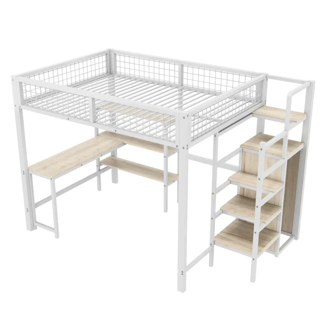 Wit metalen hoogslaper 140x200 cm met bureau, planken en kast, zonder matras