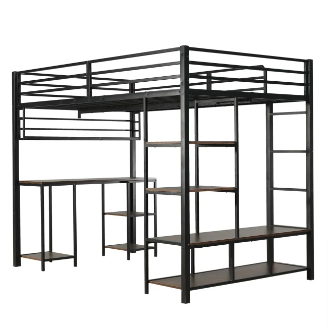 Zwart metalen hoogslaper met bureau, plank en stevige latten, 120x200cm