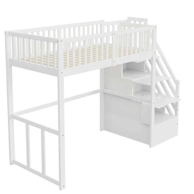 Wit grenen houten hoogslaper 90x200 cm met veilige opbergladder voor kinderen en tieners