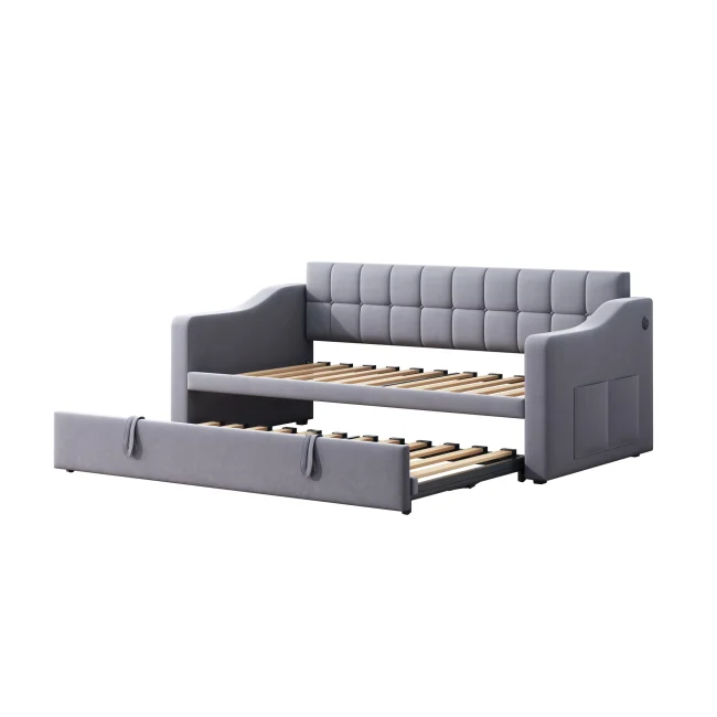 2-in-1 grijs fluwelen slaapbank 90x190 cm met USB-poorten en opbergvak