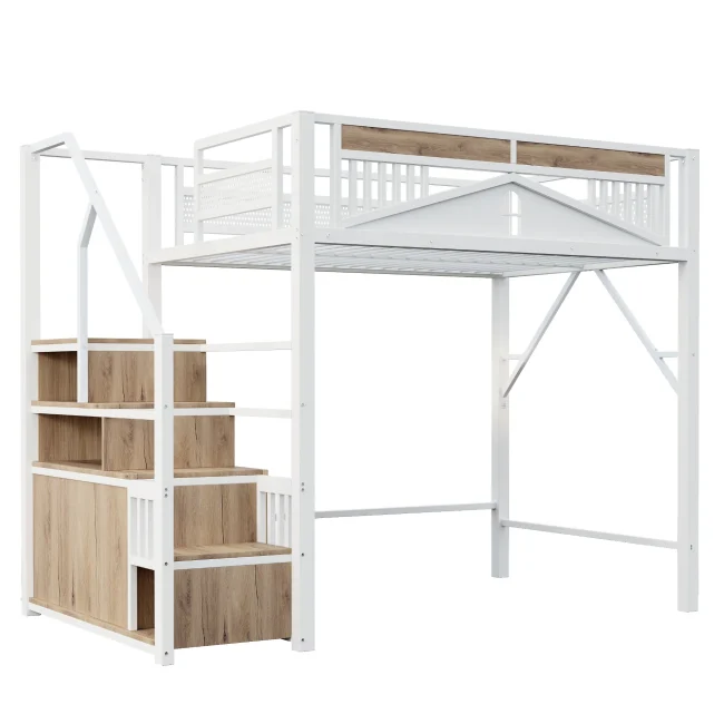 Wit metalen hoogslaper 140x200 cm met opbergtrap, veiligheidsladder en unieke balustrade in raamstijl