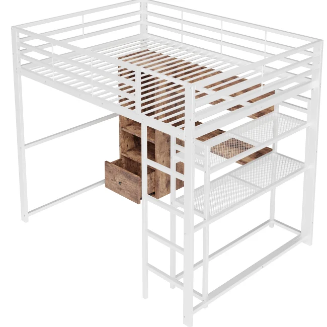 Wit metalen hoogslaper 140x200cm met LED-verlichting, bureau, lade en planken