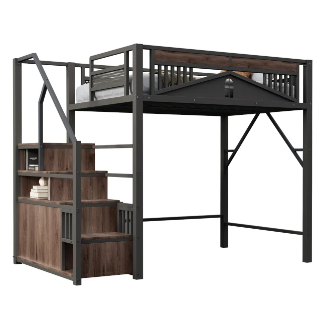 Modenvie Metalen Hoogslaper 140x200 cm met Opbergtrappen en Veiligheidsrail, Zwart