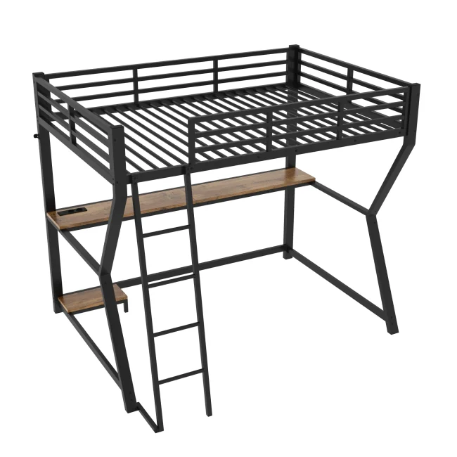 Zwarte metalen en MDF hoogslaper 90x200 cm met bureau, LED-verlichting, USB-poorten en veiligheidsrails