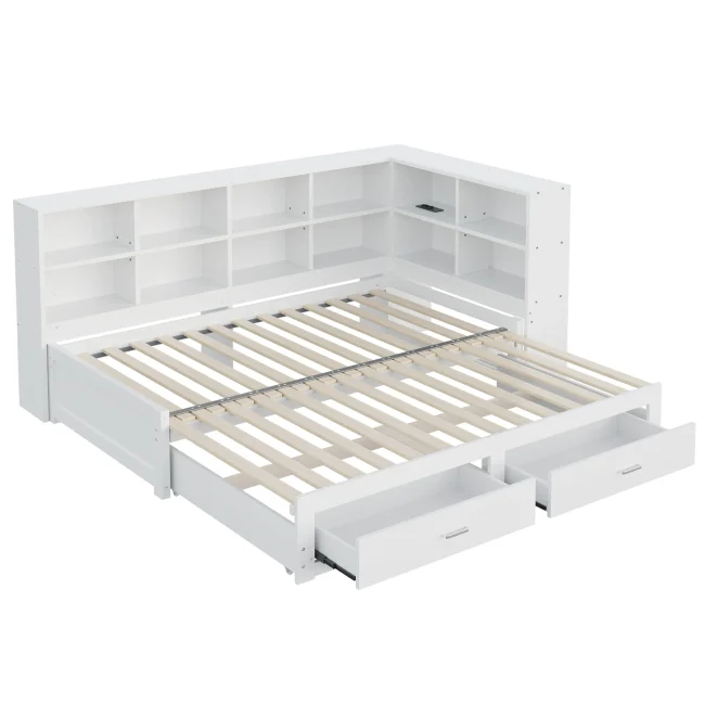 Multifunctionele massief houten slaapbank 90/180x190 cm met opbergruimte, laden en Euro-stroomaansluiting in wit