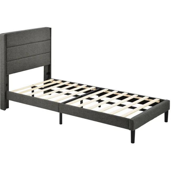 Gestoffeerd grijs linnen bedframe 90x200 cm met lattenbodem en hoofdeinde