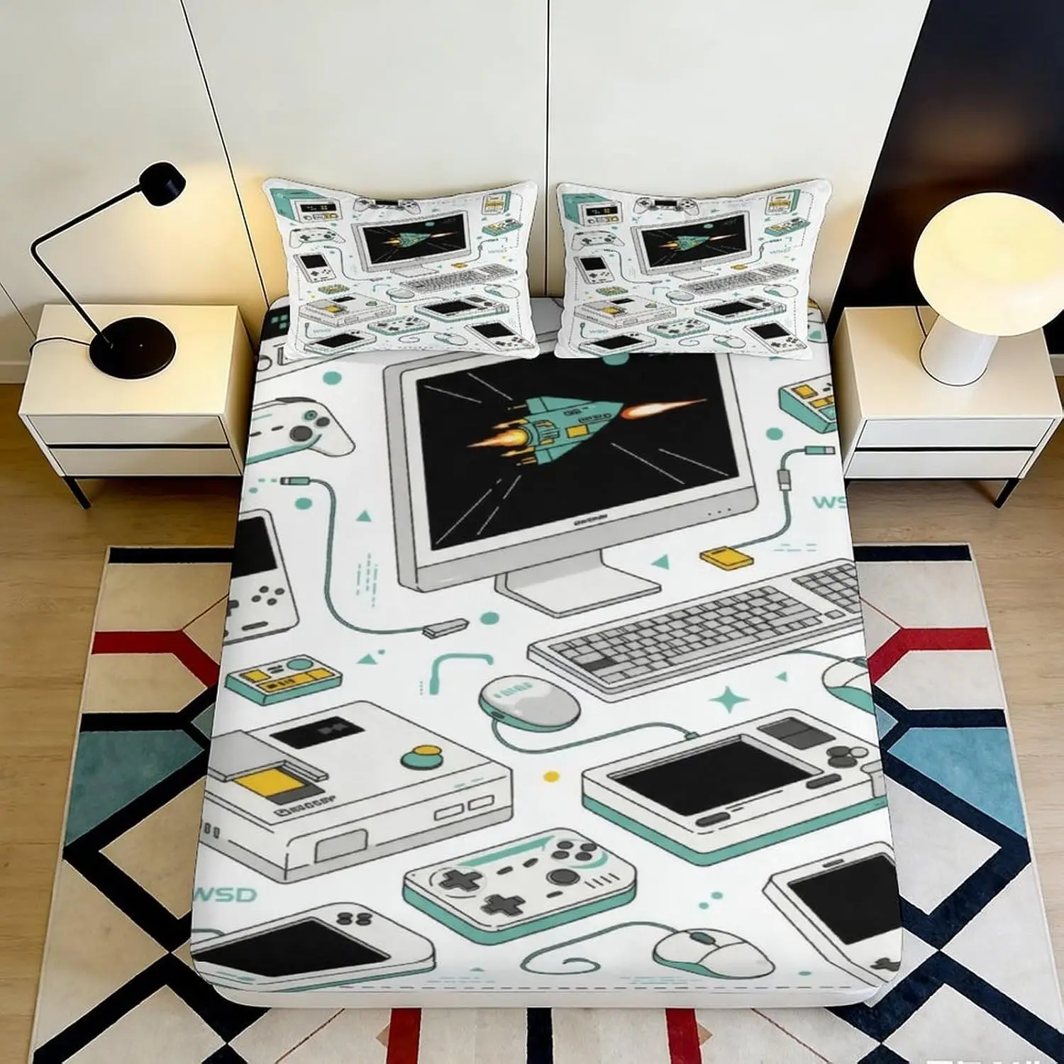 3D Print Graffiti Gamepad hoeslakenset met kussensloop, microvezel zachte bedovertrek voor slaapkamer slaapzaal matrasbescherming decor