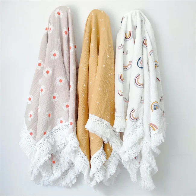 Biologische 100% katoenen Boho Vintage Baby Kwastje Deken Pasgeboren Mousseline Inbakeren