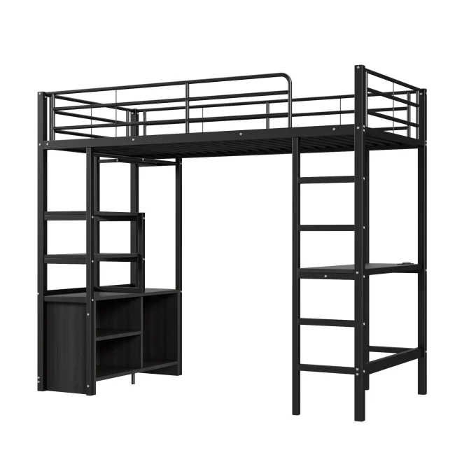 Zwart metalen hoogslaper 90x200 cm met bureau, USB-poort, planken en ladder