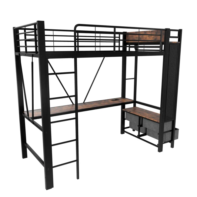 Zwarte metalen frame hoogslaper 90x200cm met bureau, droogstang, planken, 4 laden, USB- & Type-C-poorten, LED-strip, ladder en veiligheidsleuning