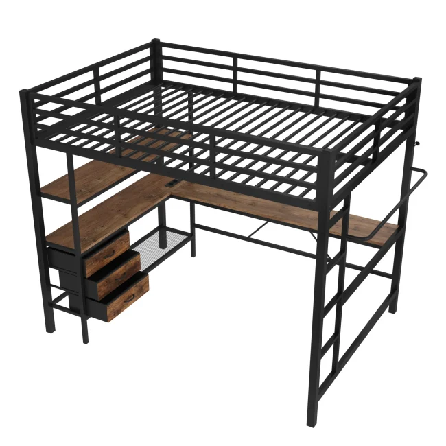 Zwarte metalen en MDF hoogslaper 140x200cm met LED-verlichting, bureau, USB- en stroomaansluiting, 3 laden, planken, vangrail en trap, zonder matras