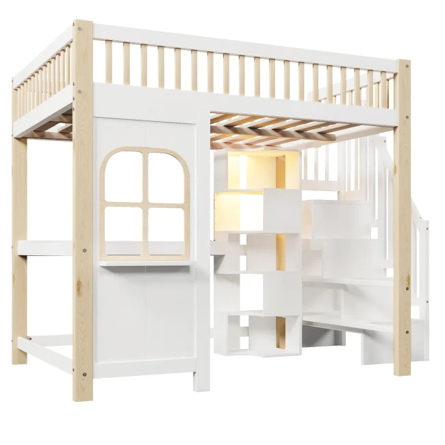 Wit en natuurlijk grenenhouten hoogslaper 140x200 cm met LED-verlichting, bureau, opbergladder en open plank