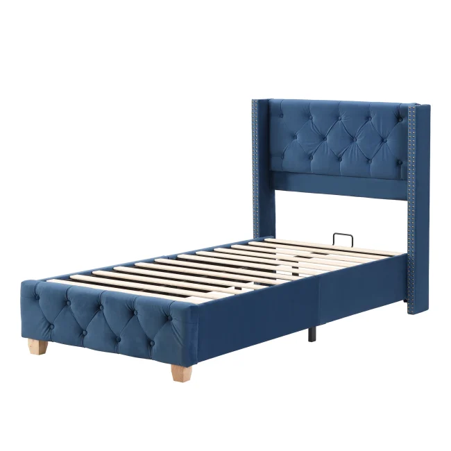Met fluweel bekleed bedframe van 90x200 cm met gestoffeerd hoofdeinde en lattenbodem, blauw