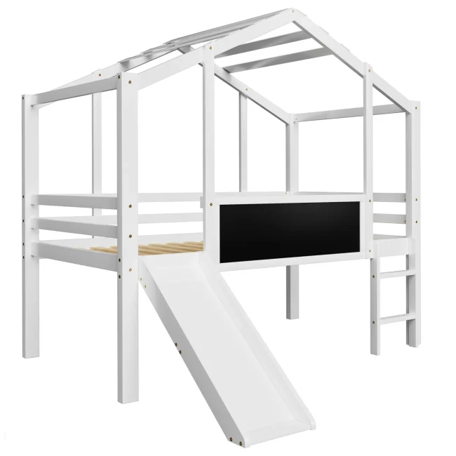 Kinderhoogslaper 90x200 cm met glijbaan, veiligheidsrails, schoolbord en stevige ladder - Massief hout, wit